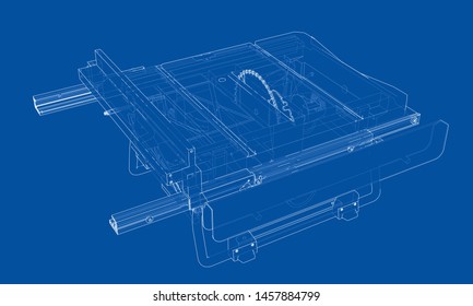 Outline table saw for woodwork vector. Wire-frame style. The layers of visible and invisible lines. 3D illustration