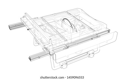 Outline table saw for woodwork vector. Wire-frame style. The layers of visible and invisible lines. 3D illustration