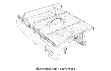 Outline table saw for woodwork vector. Wire-frame style. The layers of visible and invisible lines. 3D illustration