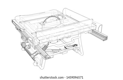Outline table saw for woodwork vector. Wire-frame style. The layers of visible and invisible lines. 3D illustration