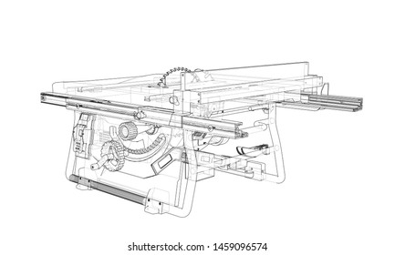 Outline table saw for woodwork vector. Wire-frame style. The layers of visible and invisible lines. 3D illustration