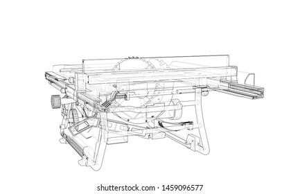 Outline table saw for woodwork vector. Wire-frame style. The layers of visible and invisible lines. 3D illustration