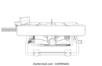 Outline table saw for woodwork vector. Wire-frame style. The layers of visible and invisible lines. 3D illustration