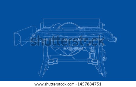 Outline table saw for woodwork vector. Wire-frame style. The layers of visible and invisible lines. 3D illustration