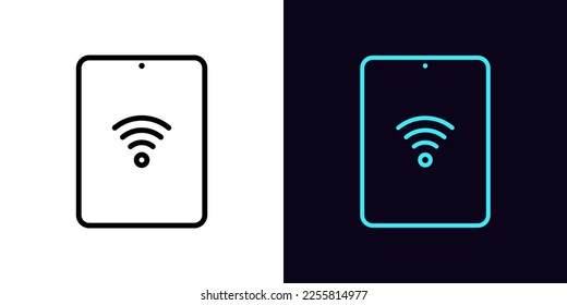 Icono de tableta de esquema, con trazo editable. Marco de pantalla de Tablet PC con signo wifi, pictograma de Internet móvil. Almohadilla portátil con conexión inalámbrica a internet, zona WiFi. Icono de vector para animación