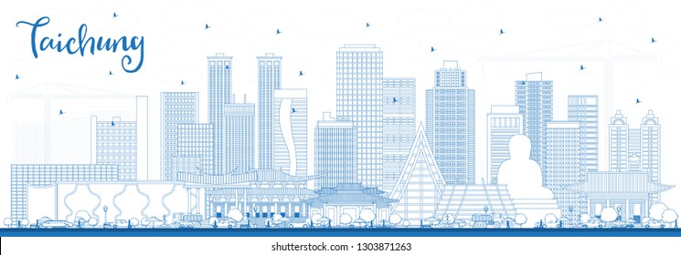 Outline Taichung Taiwan City Skyline with Blue Buildings. Vector Illustration. Business Travel and Tourism Concept with Historic Architecture. Taichung China Cityscape with Landmarks. 