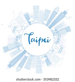 Outline Taipei skyline with blue landmarks and copy space. Vector illustration. Business travel and tourism concept with place for text. Image for presentation, banner, placard and web site.