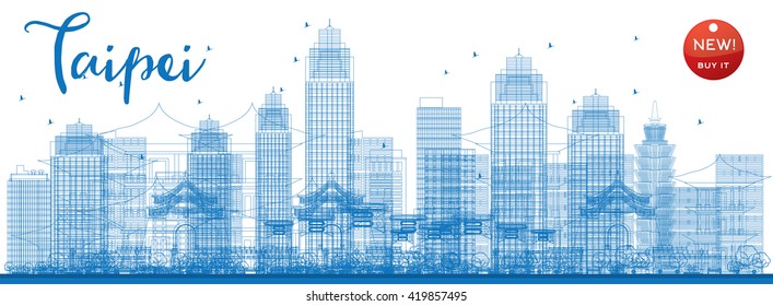 Outline Taipei skyline with blue landmarks. Vector illustration. Business travel and tourism concept with modern buildings. Image for presentation, banner, placard and web site.