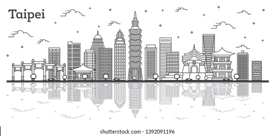 Outline Taipei Taiwan City Skyline with Modern Buildings and Reflections Isolated on White. Vector Illustration. Taipei Cityscape with Landmarks.