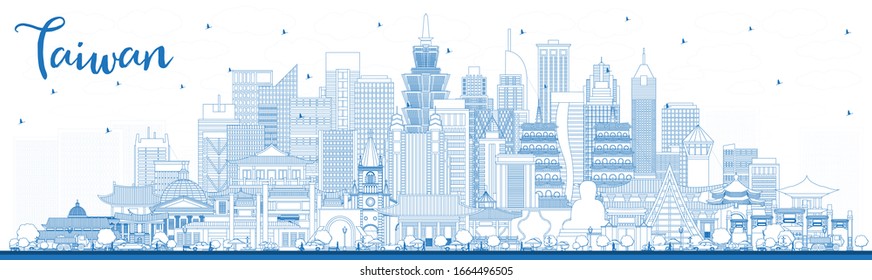 Outline Taiwan City Skyline with Blue Buildings. Vector Illustration. Tourism Concept with Historic Architecture. Taiwan Cityscape with Landmarks. Taipei. Kaohsiung. Taichung. Tainan.
