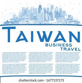 Outline Taiwan City Skyline with Blue Buildings and Copy Space. Vector Illustration. Tourism Concept with Historic Architecture. Taiwan Cityscape with Landmarks. Taipei. Kaohsiung. Taichung. Tainan.