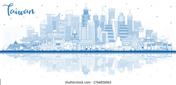 Outline Taiwan City Skyline with Blue Buildings and Reflections. Vector Illustration. Tourism Concept with Historic Architecture. Taiwan Cityscape with Landmarks. Taipei. Kaohsiung. Taichung. Tainan.