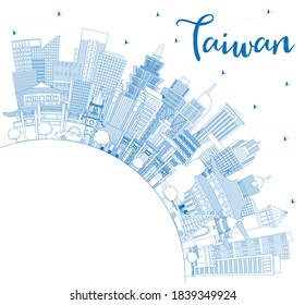 Outline Taiwan City Skyline with Blue Buildings and Copy Space. Vector Illustration. Tourism Concept with Historic Architecture. Taiwan Cityscape with Landmarks. Taipei. Kaohsiung. Taichung. Tainan.