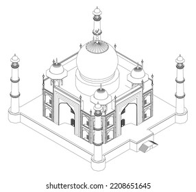 Outline of the Taj Mahal temple from black lines isolated on a white background. Isometric view. Vector illustration.