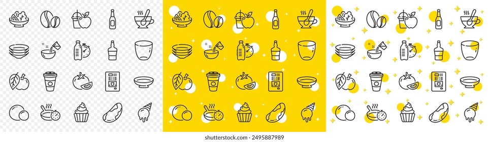 Outline Takeaway coffee, Beer and Scotch bottle line icons pack for web with Coffee beans, Glass, Ice cream line icon. Cooking water, Fitness water, Tea cup pictogram icon. Brazil nut. Vector