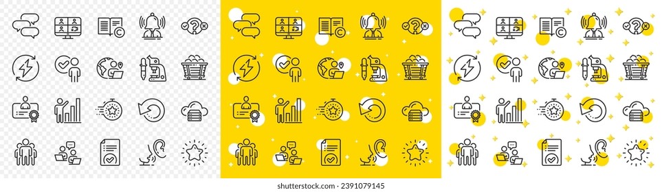 Outline Talk bubble, Coal trolley and Group line icons pack for web with Cloud server, Brand, Timer line icon. Graph chart, Approved document, Whisper pictogram icon. Microscope. Vector