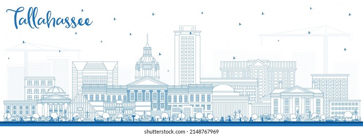 Outline Tallahassee Florida City Skyline with Blue Buildings. Vector Illustration. Tallahassee Cityscape with Landmarks. Business Travel and Tourism Concept with Modern Architecture.