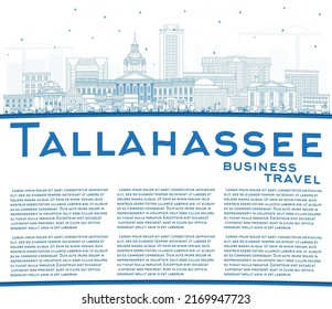 Outline Tallahassee Florida City Skyline with Blue Buildings and Copy Space. Vector Illustration. Tallahassee Cityscape with Landmarks. Business Travel and Tourism Concept with Modern Architecture.