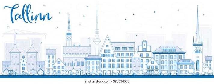 Outline Tallinn Skyline with Blue Buildings. Vector Illustration. Business Travel and Tourism Concept with Historic Buildings. Image for Presentation Banner Placard and Web Site.