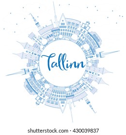Outline Tallinn Skyline with Blue Buildings and Copy Space. Vector Illustration. Business Travel and Tourism Concept with Historic Buildings. Image for Presentation Banner Placard and Web Site.