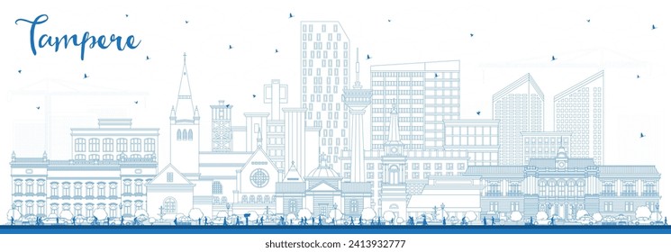 Outline Tampere Finland city skyline with blue buildings. Vector illustration. Tampere cityscape with landmarks. Business travel and tourism concept with modern and historic architecture.
