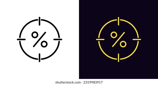 Outline target discount icon, with editable stroke. Aim with percentage sign, hunting for discounts. Sale search, special offer hunt, benefit shopping, shot in profit percent, bonus hit. Vector icon