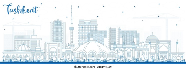 Outline Tashkent Uzbekistan City Skyline with Blue Buildings. Vector Illustration. Tashkent Cityscape with Landmarks. Business Travel and Tourism Concept with Historic Architecture.