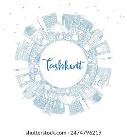 Outline Tashkent Uzbekistan City Skyline with Blue Buildings and Copy Space. Vector Illustration. Tashkent Cityscape with Landmarks. Business Travel and Tourism Concept with Historic Architecture.