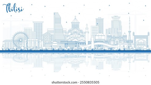 Outline Tbilisi Georgia City Skyline with Blue Buildings and reflections. Vector Illustration. Tbilisi Cityscape with Landmarks. Business Travel and Tourism Concept with Historic Architecture.