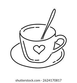 Outline of tea or coffee cup with heart. Tableware for hot drinks. Cozy breakfast concept. For menu design, scrapbook, coloring book or decor element. Vector illustration of porcelain in doodle style.