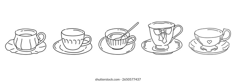 Outline of tea or coffee cup with heart. Tableware for hot drinks. Cozy breakfast concept. For menu design, scrapbook, coloring book or decor element. Vector illustration of porcelain in doodle style.