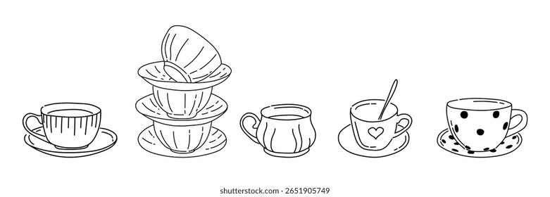 Outline of tea or coffee cup with heart. Tableware for hot drinks. Cozy breakfast concept. For menu design, scrapbook, coloring book or decor element. Vector illustration of porcelain in doodle style.