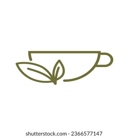 Outline tea cup with herbal leaf