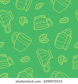Outline Tea Cup Mint Vector Seamless Pattern illustration for Print, Wallpaper, Decoration.