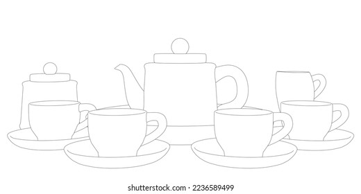 Outline of tea set with cups and teapot from black lines isolated on white background. Front view. 3D. Vector illustration.
