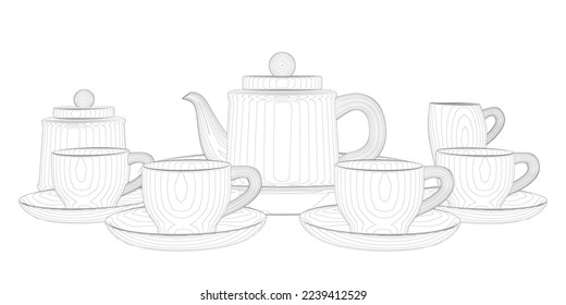 Outline of tea set with cups and teapot from black lines isolated on white background. Front view. 3D. Vector illustration.