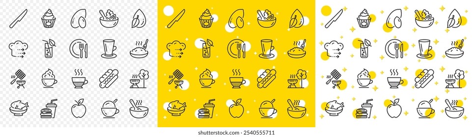 Conjunto de iconos de línea de entrega de té, cacahuete y alimentos para el Web con el icono de línea de gota de mariscos, ensaladas y agua. Hamburguesa, Hotdog, icono de pictograma de vidrio de agua. Plato, Doppio, Grill. Vector