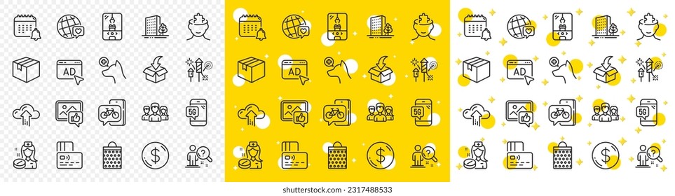 Outline Teamwork, Fireworks rocket and Buildings line icons pack for web with Mental conundrum, Parcel, Veterinary clinic line icon. Cloud upload, Card, World brand pictogram icon. Vector