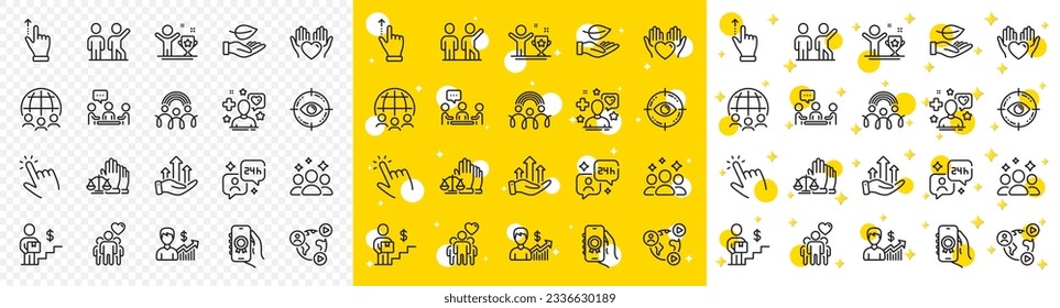 Outline Teamwork, Global business and Squad line icons pack for web with Delivery man, Award app, Friendship line icon. Consulting, Patient, Growth chart pictogram icon. Video conference. Vector