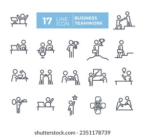 esquema conjunto de iconos de trabajo en equipo.iconos de cooperación y colaboración. Equipo de negocios trabajando juntos. Ilustración del vector