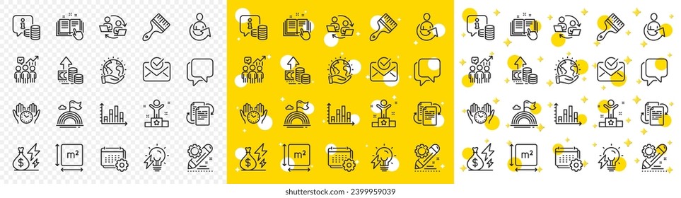 Esquema Proceso de trabajo en equipo, Bombilla de electricidad e iconos de línea ganadora de paquete para web con Share, Safe time, Square area line icon. Guardar planeta, información, icono del pictograma de edición del proyecto. Vector