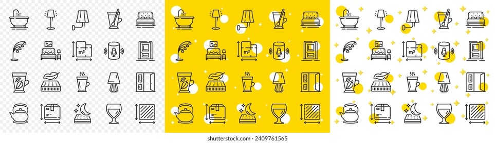 Outline Teapot, Entrance and Floor plan line icons pack for web with Box size, Latte, Open door line icon. Bath, Square area, Furniture pictogram icon. Wall lamp, Wine glass, Tea mug. Vector