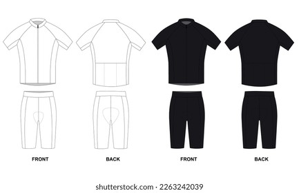 Esbozar conjunto técnico de dibujo de jersey de ciclismo y pantalones cortos de ciclismo vista frontal y trasera. Plantilla de jersey de bicicleta, vector. Plantilla de pantalones cortos de bicicleta, vector.