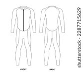 Outline technical drawing of a wetsuit with a front zipper closure, vector. Vector illustration of a male diving suit, front and back views. Diving suit template in neoprene with long sleeves.