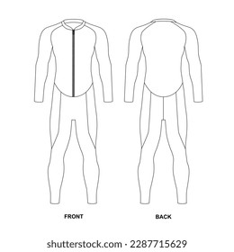 Outline technical drawing of a wetsuit with a front zipper closure, vector. Vector illustration of a male diving suit, front and back views. Diving suit template in neoprene with long sleeves.