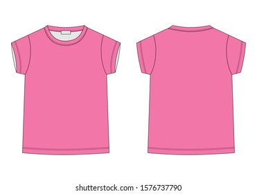 Outline technical sketch children's t shirt in pink colors. Kids t-shirt design template. Front and back vector illustration.