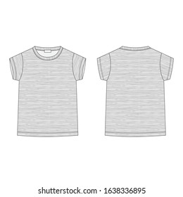 Outline technical sketch children's t shirt in melange fabric. Classic casual clothes. Front and back. Kids t-shirt design template. Vector illustration.