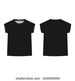 Outline technical sketch children's t shirt in black color. Classic casual clothes. Front and back. Kids t-shirt design template. Vector illustration.