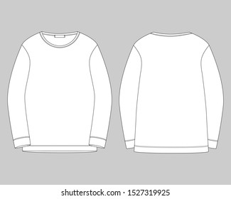 Outline technical sketch for men sweatshirt. Vector mockup template jumper. Front and back view. Technical drawing kids clothes. Sportswear, casual urban style. Isolated object on gray background. 