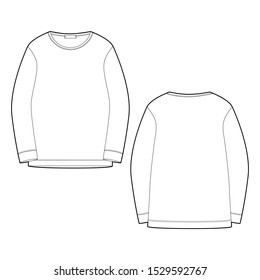 Outline technical sketch sweatshirt isolated on white background. Vector mockup template jumper. Technical drawing kids clothes. Sportswear, casual urban style.